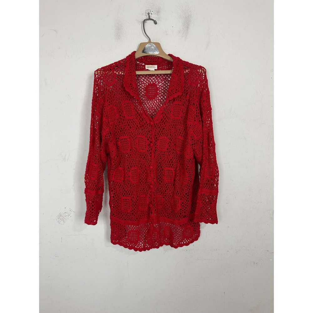 Monroe & Main Red Crochet Cardigan Sweater Womens 2X Ramie Cotton Open Knit